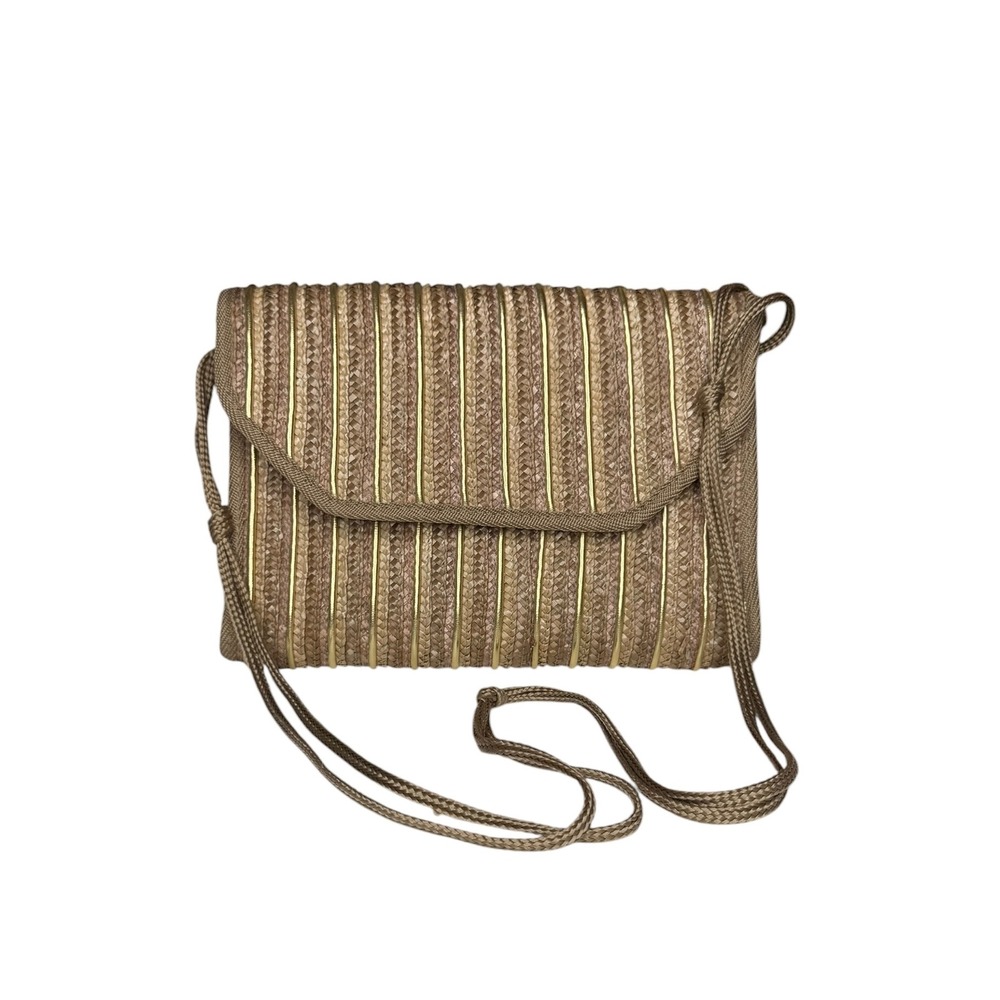 Vintage Style Woven Straw Crossbody‎ Bag Gold Metallic Striped Tan Summer Clutch